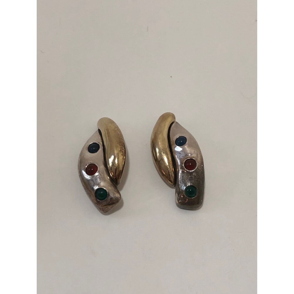 Vintage Clip On Earrings Sterling Colored Gemstones Two Tone Costume Jewelry